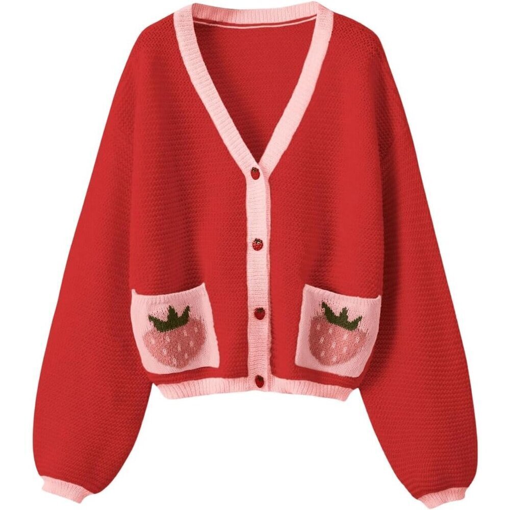 Women's Kawaii Strawberry Pattern Cardigan Long Sleeve Casual Sweater